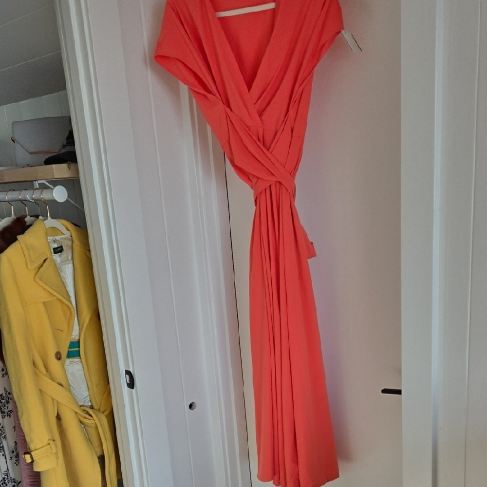 HALARA V-Neck Wrap Midi Dress in Orange and Pink